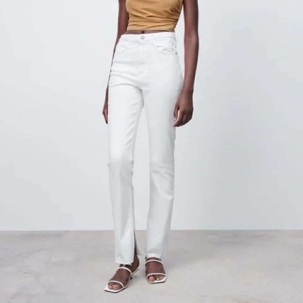 ZARA HIGH RISE SLIM LEG FLARE JEANS WITH SPLIT HEM